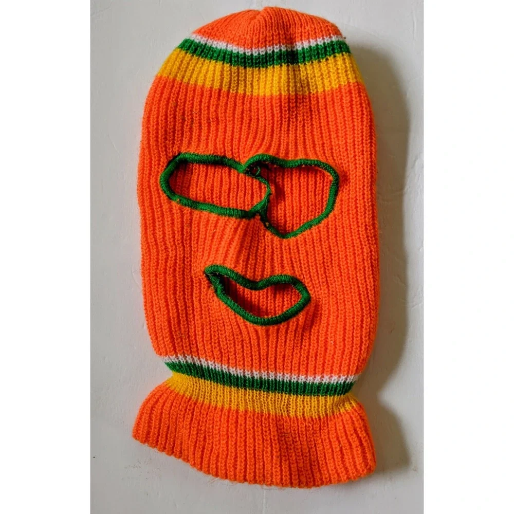 Vintage K-Mart Childrens Kids Orange Green Winter Knit Ski Mask Taiwan Retro